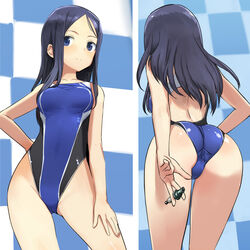  alice_gear_aegis arm_at_side arm_behind_back ass ass_visible_through_thighs back_cutout bare_arms bare_shoulders between_fingers blue_eyes blue_hair blush breasts checkered_background checkered_wall clothing_cutout commentary competition_swimsuit cowboy_shot ears_visible_through_hair female from_behind hand_on_leg hand_on_own_hip highleg highleg_swimsuit holding leaning_forward light_smile long_hair looking_at_viewer medium_breasts multiple_views nikitou_kanade one-piece_swimsuit parted_hair shimada_fumikane spark_plug standing straight_hair swimsuit w 