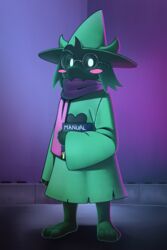  2:3 4_toes anthro barefoot biped black_body black_fur blush book bovid caprine clothing deltarune eyewear feet full-length_portrait fur glasses goat green_clothing green_hat green_headwear green_robe hat headgear headwear heart_symbol hi_res katahane3 looking_at_viewer male mammal pink_scarf portrait ralsei robe scarf solo toes undertale_(series) 