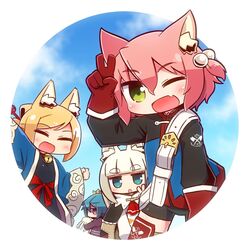  4girls 7th_dragon 7th_dragon_(series) :d :o ;d animal_ear_fluff animal_ears belt belt_buckle bike_shorts black_bodysuit black_cape black_shorts blonde_hair blue_hair blue_jacket blue_sky blush bodysuit buckle cape cat_ears closed_eyes cloud cloudy_sky commentary_request cover cover_page day fighter_(7th_dragon) fox_ears gloves green_eyes hair_between_eyes hair_bobbles hair_ornament hand_up harukara_(7th_dragon) highres hugging_object ikurakun_(7th_dragon) jacket juliet_sleeves long_sleeves mage_(7th_dragon) momomeno_(7th_dragon) multiple_girls naga_u namuna_(7th_dragon) oerba_yun_fang one_eye_closed one_side_up open_clothes open_mouth outstretched_arm parted_lips pink_hair princess_(7th_dragon) profile puffy_sleeves purple_eyes purple_skirt red_gloves samurai_(7th_dragon_series) shirt short_eyebrows short_shorts shorts skirt sky sleeves_past_wrists smile stuffed_animal stuffed_rabbit stuffed_toy thick_eyebrows thighhighs v white_belt white_hair white_shirt wide_sleeves 