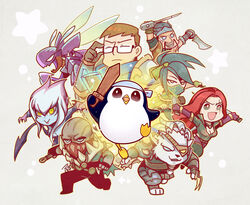  3boys 3girls aa2233a akali armor bandana bird black_hair blue_eyes blue_skin book brown_hair chinese_commentary claws colored_skin commentary_request dark-skinned_male dark_skin draven evelynn_(league_of_legends) eyepatch facial_hair featherknight garen_(league_of_legends) glasses helmet katarina_(league_of_legends) kha&#039;zix knife league_of_legends little_legend mask moustache multiple_boys multiple_girls open_mouth penguin pyke_(league_of_legends) rengar scar scar_across_eye scar_on_face sidelocks simple_background smile sword teamfight_tactics throwing_knife weapon white_hair wooden_sword yellow_eyes 