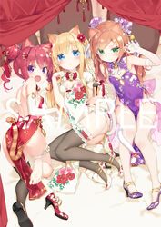  3: 3girls :d :o animal_ears ass barefoot bed_sheet bell blonde_hair blue_eyes blush bow breasts brown_hair bun_cover cat_ears cat_girl cat_tail china_dress chinese_clothes claw_pose clothes_between_thighs commentary_request cutout_above_navel double_bun dress floral_print flower green_eyes grey_legwear hair_between_eyes hair_bun hair_flower hair_ornament hazuki_watora high_heels jingle_bell kani_biimu kemonomimi_mode long_hair looking_at_viewer minazuki_sarami multiple_girls no_panties oerba_yun_fang open_mouth original panties parted_lips paw_pose pelvic_curtain pink_panties print_dress print_footwear purple_dress purple_eyes purple_footwear red_bow red_dress red_flower red_footwear red_hair sample_watermark shimotsuki_potofu shoes side-tie_panties single_shoe single_side_bun single_thighhigh small_breasts smile soles tail tail_bow tail_ornament thighhighs twintails underwear v-shaped_eyebrows very_long_hair watermark white_dress white_footwear white_panties white_thighhighs 