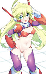  :d absurdres android bikini blonde_hair blue_eyes blush boots breasts choukadou_girl_1/6 commentary_request covered_nipples female gloves hair_between_eyes headgear highres long_hair mecha_musume navel niko_(tama) nona_(choukadou_girl_1/6) open_mouth red_bikini robot smile solo swimsuit 