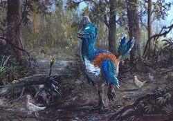  2018 acheroraptor ambiguous_gender anzu_(dinosaur) biped blue_body blue_feathers blue_wings caenagnathid detailed_background dinosaur dirt dromaeosaurid eudromaeosaurian extinct feathered_dinosaur feathered_scalie feathered_wings feathers feral forest group hi_res larger_ambiguous larger_feral multicolored_body multicolored_feathers orange_body orange_feathers plant prehistoric_species reptile scalie signature size_difference sky smaller_ambiguous smaller_feral theropod traditional_media_(artwork) tree tuomas_koivurinne water white_body white_feathers wings 