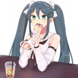  blue_eyes blue_hair bubble_tea commentary_request crepe cup dessert detached_sleeves disposable_cup drink eating female folte food hairband isuzu_(kancolle) isuzu_kai_ni_(kancolle) kantai_collection long_hair lowres open_mouth school_uniform serafuku simple_background solo table twintails upper_body white_background 