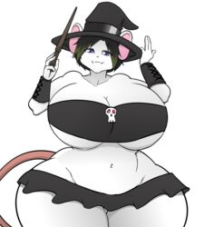  2019 anthro big_breasts blue_eyes bone bottomwear breasts cleavage clothed clothing curvy_figure digital_media_(artwork) female fur hair hat hayakain headgear headwear huge_breasts looking_at_viewer magic_user mammal mouse murid murine navel nora_watts_(lildredre) open_mouth rodent simple_background skirt skull smile solo standing thick_thighs topwear tube_top voluptuous wand white_background white_body white_fur wide_hips witch witch_hat 