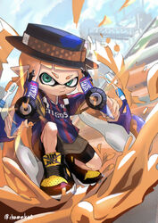  absurdres bike_shorts black_headwear black_shorts blue_shirt blue_sky blunt_bangs boater_hat brown_skirt chamu_(chammkue) closed_mouth cloud cloudy_sky commentary cross-laced_footwear dapple_dualies_(splatoon) day dutch_angle female firing firing_at_viewer frown green_eyes hat hat_ribbon highres holding holding_weapon inkling inkling_(language) inkling_girl inkling_player_character logo long_hair looking_at_viewer miniskirt multicolored_stripes on_one_knee orange_hair outdoors paint_splatter pointy_ears red_shirt ribbon shirt shoes short_sleeves shorts skirt sky splatoon_(series) striped_clothes striped_shirt tentacle_hair twitter_username v-shaped_eyebrows vertical-striped_clothes vertical-striped_shirt weapon yellow_footwear 