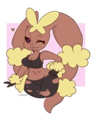  2019 alpha_channel anthro breasts clothed clothing digital_media_(artwork) drawing female fur generation_6_pokemon heart_symbol hi_res j.fbelen lagomorph looking_at_viewer mammal mega_evolution mega_lopunny nintendo one_eye_closed pokemon pokemon_(species) pokemorph pose smile solo wink 