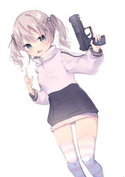  :d absurdres bad_id bad_pixiv_id blue_eyes blush breasts brown_hair commentary dutch_angle female fingernails gun hair_between_eyes hair_ornament hairclip handgun hands_up highres holding holding_gun holding_weapon hood hoodie index_finger_raised kogure_ruka long_hoodie long_sleeves looking_at_viewer nail_polish oerba_yun_fang open_mouth pink_nails puffy_long_sleeves puffy_sleeves sakura_no_sekai simple_background small_breasts smile solo sparkle striped_clothes striped_thighhighs thighhighs trigger_discipline tsuruse twintails walther walther_p99 weapon white_background white_hoodie x_hair_ornament zettai_ryouiki 