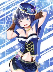  absurdres asaka_karin blue_eyes blue_hair breasts commentary_request corset dress female flower gloves hair_ornament hairclip hat hayaoki_(asagi-iro_seishun-bu) highres jewelry lace-trimmed_gloves lace_trim love_live! love_live!_nijigasaki_high_school_idol_club love_live!_school_idol_festival_all_stars miniskirt mole mole_on_breast multiple_moles navel necklace one_eye_closed skirt smile solo starlight_(love_live!) 