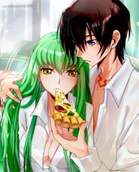  1boy :t breasts brown_hair c.c. cleavage code_geass collarbone collared_shirt commentary_request couple dress_shirt eating female food green_hair hair_between_eyes hand_in_another&#039;s_hair holding holding_food holding_pizza lelouch_vi_britannia long_hair medium_breasts open_clothes open_shirt pizza purple_eyes shiny_skin shirt snfskn straight unbuttoned unbuttoned_shirt upper_body very_long_hair white_shirt wing_collar yellow_eyes 