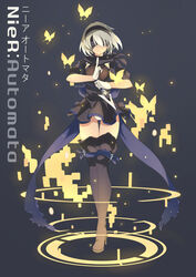  2b_(nier:automata) absurdres adapted_costume black_blindfold black_hairband blindfold boots bug butterfly cleavage_cutout clothing_cutout commentary covered_eyes female fishnets grey_hair hairband highres japanese_clothes kimono kuji-in kunai kuroba_chihiro mole mole_under_mouth nier:automata nier_(series) ninja reverse_grip short_kimono thigh_boots thighhighs weapon white_hair yellow_butterfly 