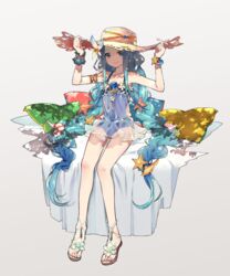  blue_eyes blue_hair commentary_request dress female granblue_fantasy hat kaitara_deru long_hair lyria_(daughter_of_pearl)_(granblue_fantasy) lyria_(granblue_fantasy) official_alternate_costume sandals school_swimsuit short_dress sitting smile solo sun_hat swimsuit very_long_hair 