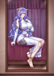  anklet barefoot bed breasts camilla_(adrift)_(fire_emblem) camilla_(fire_emblem) commentary_request dress female fingerless_gloves fire_emblem fire_emblem_fates fire_emblem_heroes gloves hair_over_one_eye jewelry jyu_ichi large_breasts long_hair parted_lips purple_eyes purple_hair sitting solo tiara watermark web_address white_dress white_gloves 