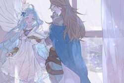  3girls ahoge anna_(granblue_fantasy) armor belt blush_stickers cape choker closed_eyes commentary_request curtain_grab curtains dress earrings feline gauntlets granblue_fantasy indoors jewelry katalina_(granblue_fantasy) long_hair lyria_(granblue_fantasy) multiple_girls official_art open_mouth rain shoulder_armor very_long_hair 