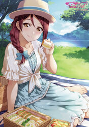  aqua_bow aqua_dress aqua_ribbon arm_support artist_request barefoot blanket blue_sky blue_stripes blush bow bracelet braid branch brown_hair cloud collarbone cropped_jacket dappled_sunlight day dress egg feeding female flower_(symbol) flower_bracelet flower_button food frilled_dress frilled_sleeves frills grass hairbow hat hat_ribbon highres holding holding_food incoming_food jewelry lace lace-trimmed_dress lace-trimmed_sleeves lace_trim lake lettuce light light_particles long_hair looking_at_viewer love_live! love_live!_sunshine!! mountain mountainous_horizon nail_polish official_art outdoors parted_bangs picnic picnic_basket porkpie_hat red_hair ribbon sakurauchi_riko sandwich scan shadow sitting sky smile solo sparkle sunlight tree tree_shade yellow_eyes yokozuwari 