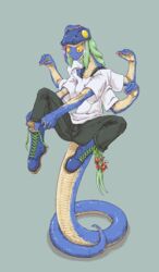  alternate_version_at_source ambient_sealife anthro antlion_(artist) arthropod balancing_on_tail blue_body blue_scales boots braided_hair clothed clothing crab crustacean decapoda female footwear forked_tongue green_hair hair hat headgear headwear hi_res long_hair malacostracan marine multi_arm multi_limb reptile scales scalie simple_background snake solo tail tongue yellow_body yellow_eyes yellow_scales 