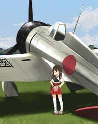  a5m aged_down aircraft airplane akagi_(kancolle) annin_musou bad_id bad_twitter_id bandaid bandaid_on_face black_hair blue_sky cloud commentary_request day female full_body grass hakama hakama_short_skirt hakama_skirt hands_in_pockets highres japanese_clothes kantai_collection long_hair muneate okobo open_mouth outdoors red_hakama round_teeth sandals skirt sky smile solo standing straight_hair tasuki teeth thighhighs upper_teeth_only vehicle_focus white_thighhighs 