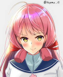  ahoge akashi_(kancolle) blush commentary_request doyagao female green_eyes hair_ribbon highres kantai_collection long_hair looking_at_viewer pink_hair ribbon school_uniform serafuku simple_background smug solo toyomi_13 tress_ribbon twitter_username upper_body white_background 