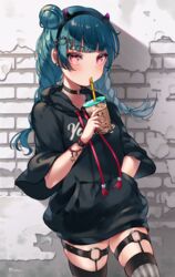  absurdres alternate_hairstyle black_hairband black_sweater blue_hair bracelet braid bubble_tea commentary_request cowboy_shot drinking drinking_straw fake_horns female floating_hair fuyuzima garter_straps grey_thighhighs hair_bun hairband hand_in_pocket highres holding horns jewelry long_hair love_live! love_live!_sunshine!! red_eyes single_hair_bun solo standing striped_clothes striped_thighhighs sweater thighhighs tsushima_yoshiko twin_braids twintails vertical-striped_clothes vertical-striped_thighhighs zettai_ryouiki 