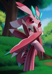  absurd_res blue_sky cloud day full-length_portrait generation_7_pokemon grass hi_res katahane3 leaf lurantis multicolored_body nintendo on_one_leg pink_body plant pokemon pokemon_(species) portrait sky solo standing tree 