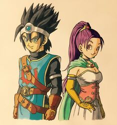  1boy belt black_hair blue_eyes breasts brown_gloves cape circlet cleavage commentary_request corset dragon_quest dragon_quest_xi dress earrings elbow_gloves female gloves highres jewelry lee_(dragon_garou) long_hair marker_(medium) medium_breasts neck_ring official_style pink_eyes ponytail purple_hair roche_(dq11) senica_(dq11) sleeveless sleeveless_dress smile spiked_hair toriyama_akira_(style) traditional_media white_dress yellow_gloves 