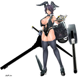  abs absurdres aircraft animal_ears black_gloves bow bowtie breasts commentary_request detached_collar eyepatch fake_animal_ears female full_body gloves headgear helicopter high_heels highres kantai_collection machinery mi-24 open_clothes open_vest partially_fingerless_gloves playboy_bunny purple_hair rabbit_ears saizu_nitou_gunsou short_hair solo sword tenryuu_(kancolle) thighhighs thighs turret vest weapon white_background wrist_cuffs yellow_eyes 