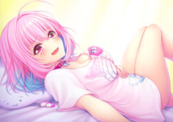  ahoge bed bed_sheet blue_hair blush breasts collar commentary_request crossed_bangs earrings female hair_between_eyes hair_intakes hand_on_own_stomach head_on_pillow heart-shaped_lock heart_on_chest idolmaster idolmaster_cinderella_girls jewelry knee_up large_breasts leg_up legs_together looking_at_viewer lying multicolored_hair no_pants oerba_yun_fang on_back on_bed open_mouth photoshop_(medium) pill pill_earrings pillow pink_collar pink_eyes pink_hair pink_nails shirt short_hair short_sleeves skeleton_print solo t-shirt tareme thighs tongue two-tone_hair unworn_earring uzu_hi white_shirt yumemi_riamu 