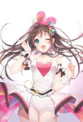  ;d a20_(atsumaru) absurdres bad_id bad_pixiv_id blue_eyes blush bow breasts bridal_gauntlets brown_hair choker commentary_request cowboy_shot detached_sleeves female floating_hair glint hairband hands_up highres kizuna_ai kizuna_ai_(anniversary) kizuna_ai_inc. light_particles long_hair looking_at_viewer medium_breasts multicolored_hair one_eye_closed open_mouth pink_hair pink_hairband ribbon shirt shorts smile solo streaked_hair v virtual_youtuber wind 