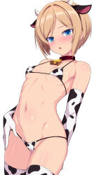  animal_ears animal_print arm_behind_back bare_shoulders bell belt_collar bikini blue_eyes blush breasts brown_hair cameltoe collar collarbone commentary_request covered_nipples cow_ears cow_horns cow_print cow_print_bikini cow_print_gloves cow_print_thighhighs cowbell cowboy_shot elbow_gloves fake_animal_ears fake_horns female gloves groin halterneck hand_on_own_hip highres horns looking_at_viewer micro_bikini navel neck_bell original parted_bangs parted_lips print_bikini print_gloves print_thighhighs red_collar short_hair simple_background small_breasts solo standing stomach string_bikini swimsuit thighhighs underboob white_background white_bikini white_gloves white_thighhighs zack_(haiuinndo) 