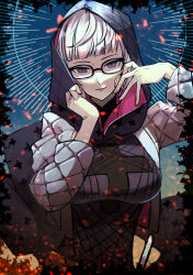  black_cloak black_dress breasts cloak commentary dress fate/grand_order fate_(series) female fire glasses grey_jacket highres hood hood_up hooded_cloak jacket jacques_de_molay_(foreigner)_(fate) jacques_de_molay_(foreigner)_(first_ascension)_(fate) ki_lly large_breasts long_sleeves open_clothes open_jacket parted_lips purple_hair seductive_smile short_hair smile solo white_hair 