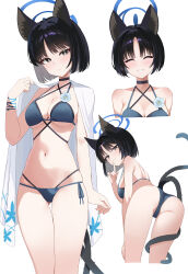  absurdres animal_ears ass bent_over bikini black_choker black_eyes black_hair blue_archive blue_bikini blue_halo blush breasts bright_pupils choker cleavage closed_eyes closed_mouth female halo highres jbell kikyou_(blue_archive) kikyou_(swimsuit)_(blue_archive) large_breasts looking_at_viewer looking_back multiple_tails multiple_views official_alternate_costume side-tie_bikini_bottom simple_background smile swimsuit tail thighs underboob white_background white_pupils 