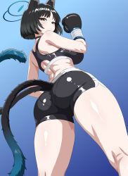  absurdres animal_ears black_eyes black_hair black_shorts black_sports_bra blue_archive blue_background blue_halo breasts cat_ears cat_girl cat_tail female from_behind gradient_background halo highres kasana kikyou_(blue_archive) large_breasts looking_at_viewer looking_back multiple_tails short_hair shorts sports_bra tail 