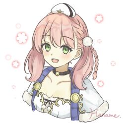  atelier_(series) atelier_escha_&amp;_logy blush collarbone commentary_request escha_malier female green_eyes hanachocolate30 hat highres looking_at_viewer open_mouth pink_hair smile solo twintails upper_body white_hat 