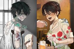  1other :d ^_^ absurdres alcohol bandaged_arm bandages beer before_and_after black_hair blood blush bruise closed_eyes closed_mouth collared_shirt commentary crutch cup cuts earrings english_commentary english_text female floral_print floral_print_shirt gauze gauze_on_back gauze_on_cheek gauze_on_nose gauze_on_shoulder hand_up handkerchief happy highres holding holding_cup holding_handkerchief injury jewelry mole mole_under_mouth notched_ear original out_of_frame park_ongjol partially_colored pov ring rose_print scar scar_across_eye scar_on_arm scar_on_face scar_on_neck scarred_tomboy_maid_(park_ongjol) shirt short_hair smile split_screen tank_top upper_body wedding_ring white_shirt white_tank_top yellow_eyes 