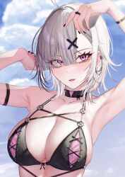  ahoge breasts cleavage collarbone eyes_visible_through_hair female grey_hair gurumyuu hair_ornament hair_over_one_eye highres large_breasts looking_at_viewer mole mole_under_eye nijisanji open_mouth purple_eyes solo sukoya_kana virtual_youtuber x x_hair_ornament 