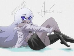  angel bare_shoulders black_skirt black_thighhighs breasts dark-skinned_female dark_skin dated emily_(hazbin_hotel) female freckles from_side frown grey_hair grey_shirt halo hazbin_hotel highres large_breasts long_hair long_sleeves open_clothes open_shirt pencil_skirt pink_eyes shirt signature simple_background skirt solo tachibanacat thighhighs white_background white_hair 