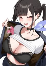  belt black_belt black_bra black_choker black_hair black_jacket black_skirt blush bra breasts choker cleavage commentary condom condom_packet_strip condom_wrapper ear_ornament female goddess_of_victory:_nikke hair_intakes highres jacket jewelry long_hair looking_at_viewer mole mole_under_eye oerba_yun_fang open_clothes open_jacket open_mouth opened_by_self pencil_skirt red_eyes ring shirt simple_background skirt smile solo sora_(nikke) twintails underwear white_background white_shirt xi_oshir1 