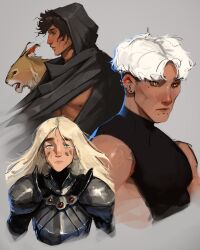  1other 2boys abs armor black_cloak black_eyes black_hair blonde_hair cloak cougar crew_neck dark-skinned_male dark_skin earrings female green_eyes grey_background highres hood hood_up hoop_earrings jewelry looking_at_viewer messy_hair mole mole_under_eye multiple_boys nipples orange_eyes original sam_yang serious short_hair simple_background stud_earrings toned toned_male upper_body war_paint 