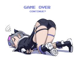  absurdres ass bandaid bandaid_on_leg black_gloves black_jacket black_shoes black_shorts closed_eyes defeat earrings eyewear_on_head female fishnet_shorts fishnet_socks fishnets fur-trimmed_jacket fur_trim game_over gloves gradient-tinted_eyewear grey_hair grimmelsdathird highres honkai:_star_rail honkai_(series) jacket jewelry long_hair ponytail purple-tinted_eyewear shoes shorts silver_wolf_(honkai:_star_rail) socks thigh_strap tinted_eyewear top-down_bottom-up 