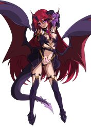  absurdres aoi_tabane arm_behind_head breasts commission corruption dark_persona demon_girl demon_horns demon_tail demon_wings detached_collar dragon_tail dragon_wings elbow_gloves female flower full_body gloves hair_between_eyes hair_ornament hair_ribbon heart heart_tattoo highres horns kouyoku_senki_exs-tia long_hair looking_at_viewer luxtia navel open_mouth pixiv_commission pointy_ears pubic_tattoo purple_eyes red_hair revealing_clothes ribbon shakugan_no_shana shana showgirl_skirt simple_background small_breasts smile solo spread_wings tail tattoo thighhighs transparent_background variant_set very_long_hair wings 