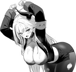  admiral_zenker_(azur_lane) admiral_zenker_(fun_with...interrogations?)_(azur_lane) armband arms_up azur_lane azur_lane:_slow_ahead bent_over bound bound_wrists breasts cleavage cuffs female greyscale handcuffs hori_(hori_no_su) horns large_breasts long_sleeves looking_at_viewer monochrome official_art open_mouth pantyhose pencil_skirt shirt simple_background skirt smile solo torn_clothes torn_pantyhose white_background 