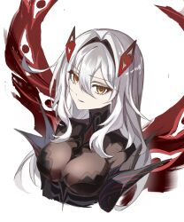  breasts closed_mouth commentary_request cropped_torso extra_ears eye_hair_ornament eyes_on_wings female genshin_impact grey_hair hair_between_eyes hair_intakes highres large_breasts long_hair looking_at_viewer red_wings ronova_(genshin_impact) simple_background situki solo symbol-shaped_pupils very_long_hair white_background wings yellow_eyes 