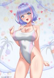  absurdres bare_shoulders blue_eyes blush breasts cleavage collarbone competition_swimsuit dolphin_wave female groin highres kenja_panda kukuri_tomo large_breasts looking_at_viewer medium_hair multicolored_hair one-piece_swimsuit open_mouth pink_hair pink_one-piece_swimsuit purple_hair smile solo streaked_hair swimsuit thighs two-tone_hair white_one-piece_swimsuit 