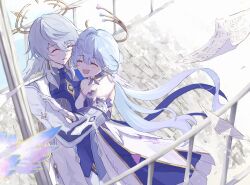  aqua_hair bare_shoulders blush breasts dress floating_hair gloves halo head_wings highres honkai:_star_rail honkai_(series) hug jewelry long_hair medium_breasts pale_skin robin_(honkai:_star_rail) shino_38 small_breasts smile sunday_(honkai:_star_rail) translation_request very_long_hair white_dress white_gloves white_hair wings 