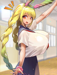  :d arm_scrunchie blonde_hair blue_sailor_collar blue_skirt bouncing_breasts braid breasts ceiling feathered_wings feathers female gradient_hair gradient_wings green_hair green_wings hallway head_wings highres huge_breasts light_particles motion_lines multicolored_hair multicolored_wings neckerchief neckerchief_between_breasts original pink_scrunchie pink_wings pleated_skirt red_eyes sailor_collar school school_uniform scrunchie serafuku shiny_skin skirt smile solo teeth tile_ceiling tiles twin_braids two-tone_hair two-tone_wings umigarasu_(kitsune1963) upper_teeth_only window wings wooden_floor 