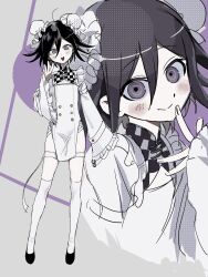  :d black_eyes black_hair blush bun_cover checkered_neckerchief crossdressing danganronpa_(series) danganronpa_v3:_killing_harmony double_bun female full_body hair_between_eyes hair_bun highres jacket long_sleeves multiple_views neckerchief oma_kokichi smile standing thighhighs usagi_mi_nagi white_jacket white_thighhighs wide_sleeves 