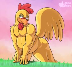  2025 5_fingers anthro arched_back arm_tuft artist_logo ass athletic athletic_anthro athletic_male avian beak bedroom_eyes belly biceps big_belly biped bird black_eyes butt_pose casual_nudity chicken colored detailed digital_drawing_(artwork) digital_media_(artwork) ernie_the_giant_chicken family_guy feather_hair feathers featureless_crotch fingers galliform gallus_(genus) glance gobanire gradient_sky grass grinning_at_viewer half-closed_eyes head_feathers hi_res humanoid_hands logo male musclegut muscular muscular_anthro muscular_male narrowed_eyes neck_tuft nude orange_beak outside overweight overweight_anthro overweight_male pecs phasianid pink_sky pinup plant pose pseudo_hair red_feather_hair seductive shaded shoulder_tuft sky smile smiling_at_viewer smirk smirking_at_viewer smug smug_expression smug_eyes smug_face smug_grin solo tail tail_feathers thick_thighs tuft vein veiny_muscles white_sclera wide_hips yellow_body yellow_feathers 