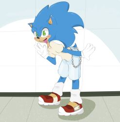  absurd_res anthro belt bent_over black_nose blue_body blue_fur bottomwear chains clothing denim denim_clothing ear_piercing eulipotyphlan eyebrow_piercing facial_piercing floor footwear fur gloves green_eyes handwear hedgehog hi_res male mammal piercing quills_(anatomy) sega shirt shoes shorts sneakers solo sonic_the_hedgehog sonic_the_hedgehog_(series) tongue tongue_out tongue_piercing topwear wall_(structure) ywnkw 