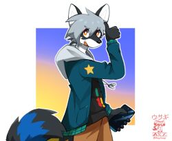  5_fingers anthro axy_usagi bottomwear cellphone clothing electronics facial_markings fingers gloves_(marking) gradient hair head_markings holding_cellphone holding_object holding_phone hood jacket jean_(axy_usagi) jewelry male mammal markings necklace pants phone procyonid raccoon simple_background smile solo star tail topwear watermark 