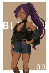  ;) alternate_costume arm_at_side b_eaka bare_shoulders belt black_belt black_jacket black_shirt bleach border bracelet breasts brown_background casual cleavage closed_mouth commentary contrapposto copyright_name dark-skinned_female dark_skin denim denim_shorts feet_out_of_frame female hand_on_own_hip highres jacket jacket_partially_removed jewelry large_breasts long_hair looking_at_viewer one_eye_closed open_clothes open_jacket outside_border parted_bangs ponytail purple_hair shihouin_yoruichi shirt shorts sidelocks simple_background sleeveless sleeveless_shirt smile solo standing tsurime v-shaped_eyebrows very_long_hair white_border yellow_eyes 
